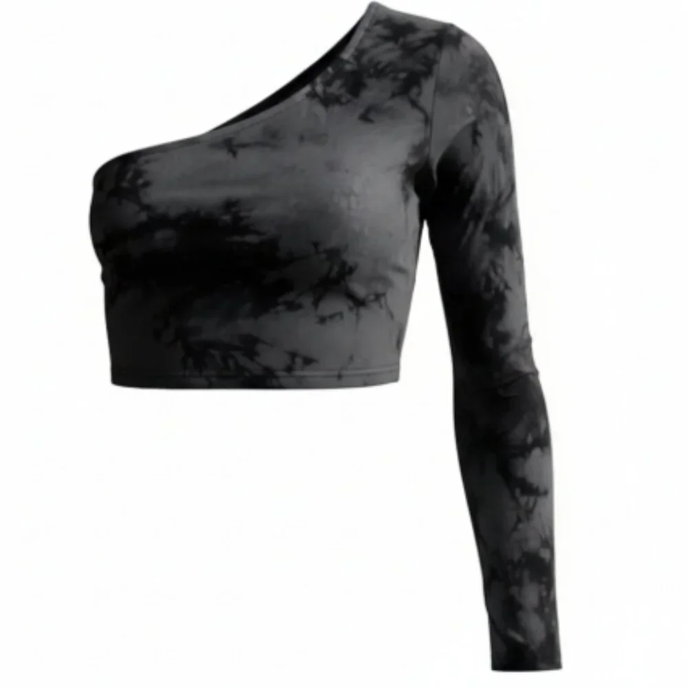 Women’s One Shoulder Crop Top XL Black Gray Tie Dye Asymmetrical Long Sleeve - Picture 1 of 10
